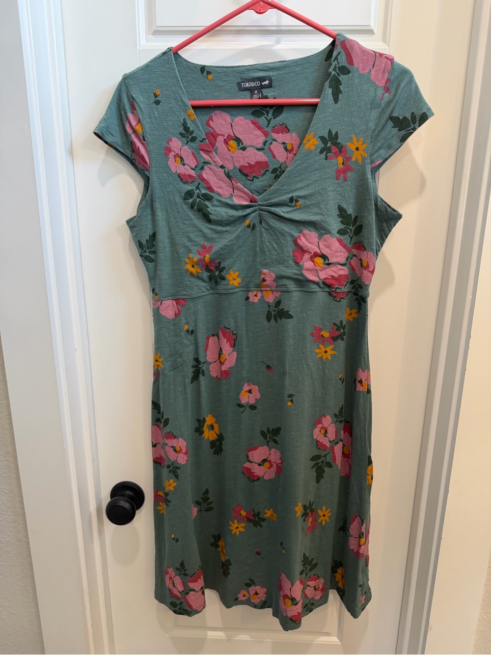 Toad&Co Green Floral V-Neck Cap Sleeve Dress with Pink and Yellow Blooms